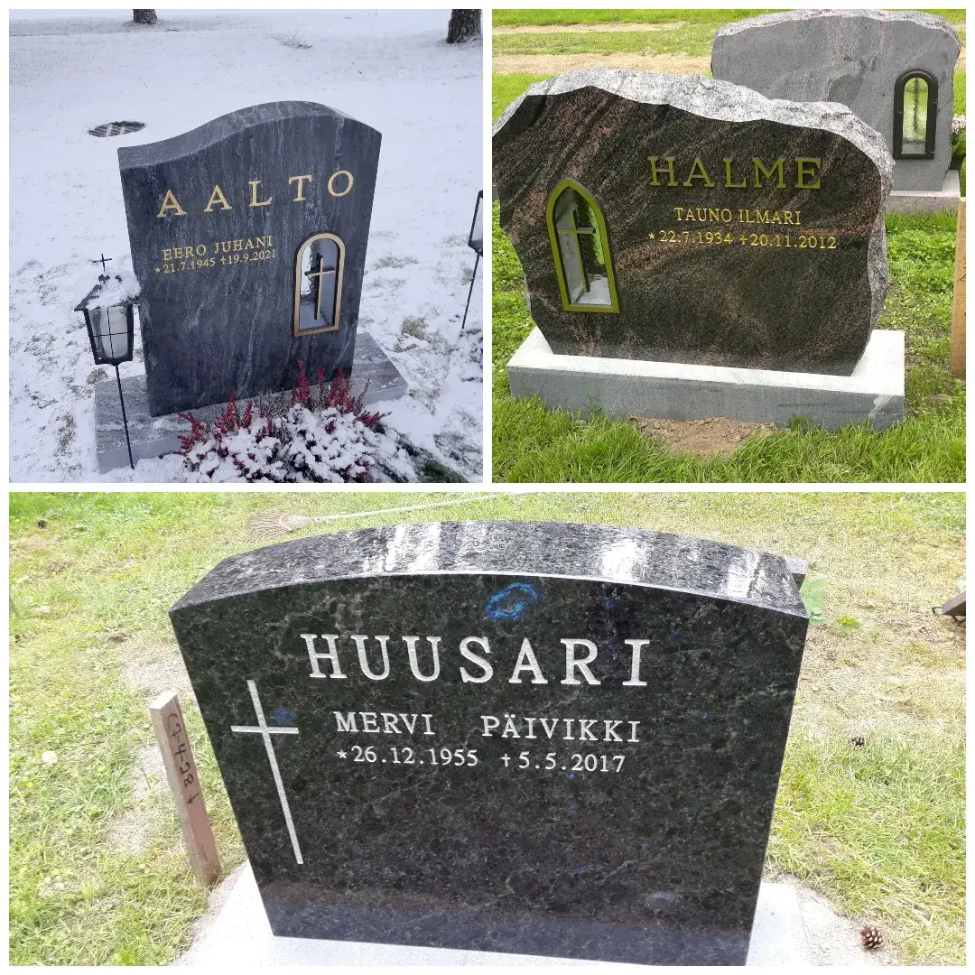 Kolme hautakiveä päivänvalossa. Vasemmalla ylhäällä tummanharmaa kivi, jossa kultaisin kirjaimin "AALTO" ja "EERO JUHANI *21.7.1945 +19.3.2021". Kivessä on pieni ikkunamainen syvennys, jossa on risti. Kiven edessä on lunta ja punertavia kukkia, vieressä lyhty. Oikealla ylhäällä punertavanruskea kivi, jossa kultaisin kirjaimin "HALME" ja "TAUNO ILMARI *22.7.1934 +20.11.2012". Tässäkin kivessä on ikkunamainen syvennys ristillä. Alhaalla tummanharmaa kivi, jossa valkoisin kirjaimin "HUUSARI" ja "MERVI PÄIVIKKI *26.12.1955 +5.5.2017". Kiven vasemmassa reunassa on valkoinen kaiverrettu risti. Kaksi alinta hautakiveä ovat vihreällä nurmikolla.