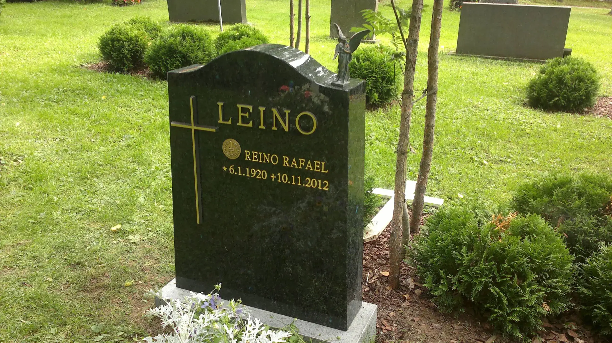 Tummanvihreä graniittinen hautakivi, jossa on kultaiset kaiverrukset 'LEINO', 'REINO RAFAEL' ja päivämäärät '★ 6.1.1920 + 10.11.2012'. Vasemmalla on kultainen risti ja nimien yläpuolella pyöreä tunnus. Kiven päällä on pieni metallinen enkelihahmo. Hautakiven juurella kasvaa valkolehtisiä kasveja ja violetteja kukkia. Taustalla näkyy vihreää nurmikkoa, pensaita ja muita hautakiviä valoisassa ulkoympäristössä.