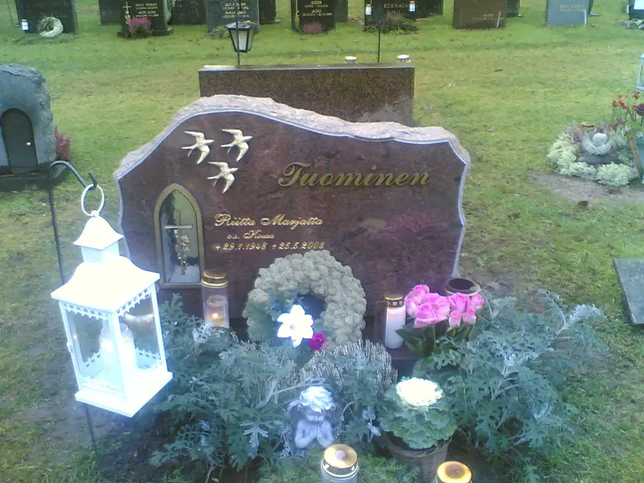 Lähikuva hautakivestä hautausmaalla. Tummanpunaruskeassa kivessä on kultaisin kirjaimin nimi 'Tuominen' ja 'Riitta Marjatta o.s. Kousa +29.1.1948 +25.5.2008'. Kivessä on kolme kultaista pääskystä ja pieni kaareva syvennys ristillä. Hautakiven edessä on valkoinen lyhty, useita palavia kynttilöitä, harmaanvihreä seppele, pinkkejä ruusuja ja erilaisia vihreitä kasveja. Taustalla näkyy vihreää nurmikkoa ja muita hautakiviä. Kuva on otettu pehmeässä päivänvalossa.