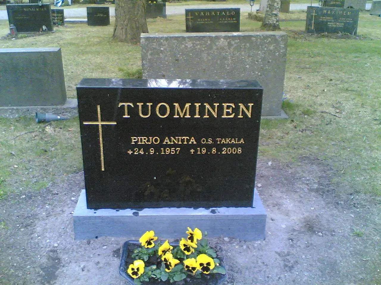 Musta hautakivi kultaisilla kirjaimilla ja ristillä. Kivessä lukee 'TUOMINEN', 'PIRJO ANITA O.S. TAKALA', ja syntymä- ja kuolinajat '*24.9.1957 +19.8.2008'. Hautakiven edessä on ruukku keltaisia orvokkeja. Taustalla näkyy vihreää nurmikkoa, muita hautakiviä ja puita hautausmaalla päivänvalossa.