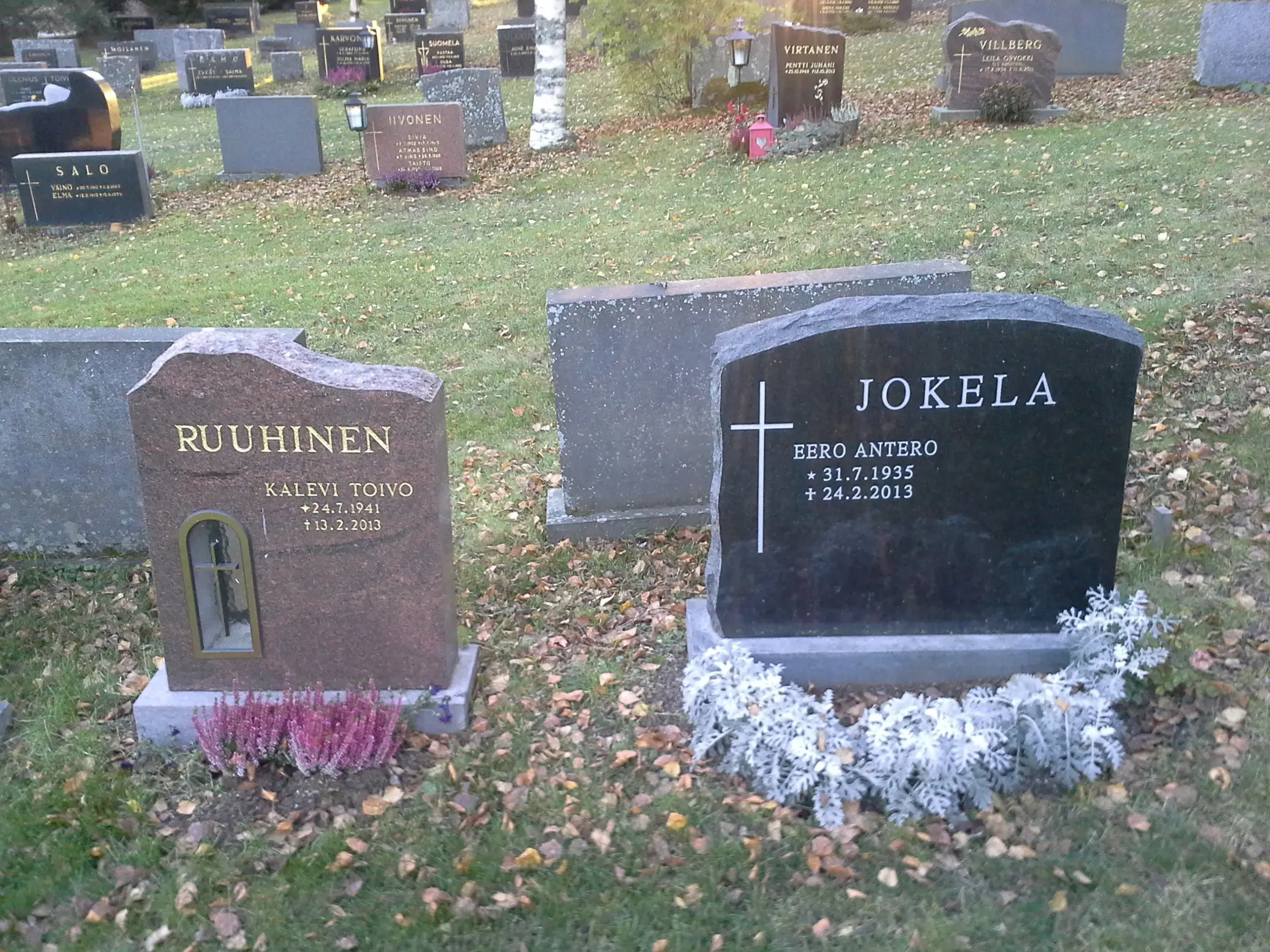 Hautausmaanäkymä, jossa etualalla on kaksi hautakiveä. Vasemmanpuoleinen punaruskea kivi kantaa nimeä RUUHINEN ja KALEVI TOIVO (s. 1941, k. 2013), ja siinä on pieni kaareva syvennys ristillä. Sen edessä kasvaa purppurakanervia. Oikeanpuoleinen musta kivi kantaa nimeä JOKELA ja EERO ANTERO (s. 1935, k. 2013), ja siinä on valkoinen risti. Sen edessä on hopeanvalkoisia kasveja. Maassa on vihreää ruohoa ja ruskeita syksyn lehtiä. Taustalla näkyy lisää hautakiviä ja koivun runko auringonvalossa.